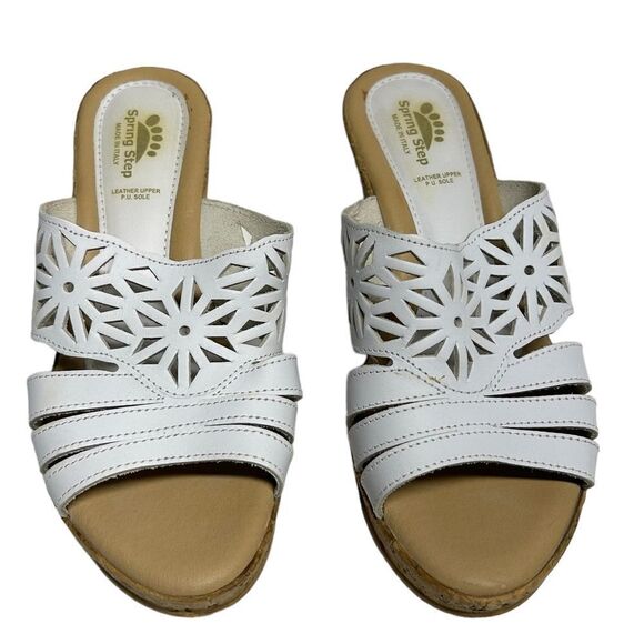 Made in Italy Leather Spring Step White Slip On Open Toe Sandal Wedges Summer - Picture 1 of 7